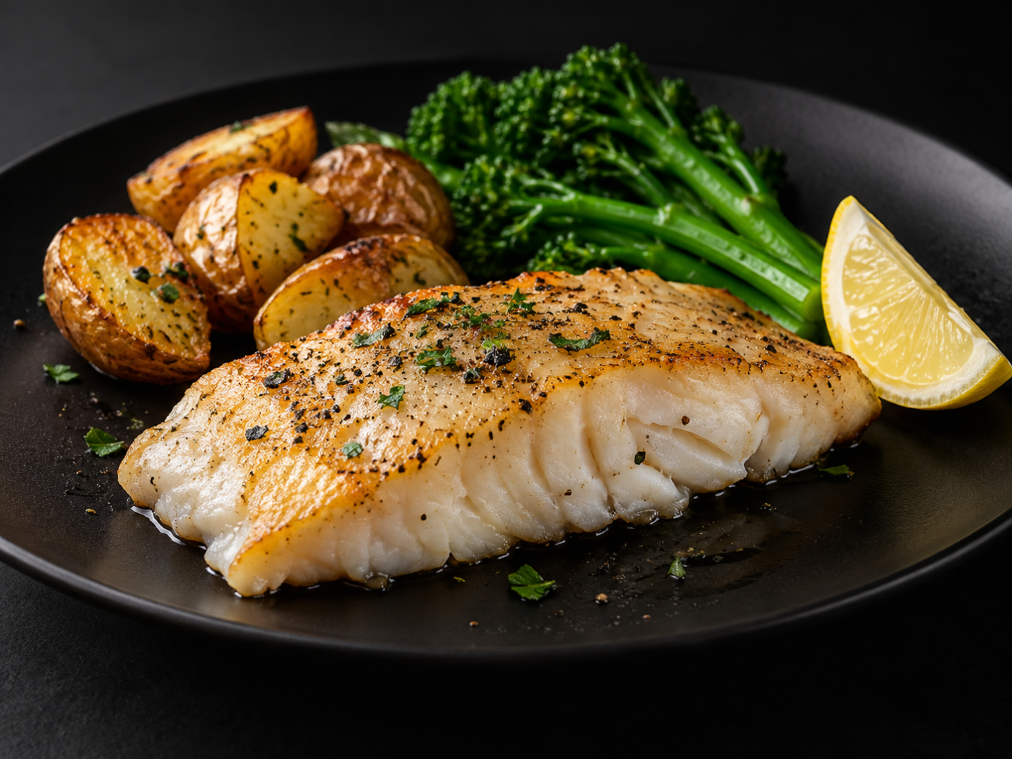 Aiglefin cuit avec citron et légumes dans une assiette noire