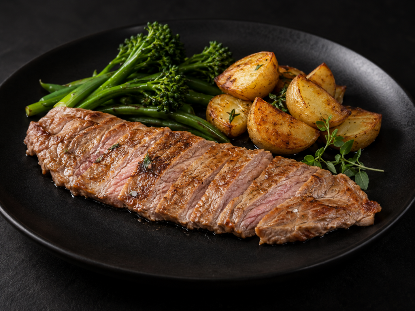 Bavette de veau tranchée avec pommes de terre et légumes dans une assiette noire