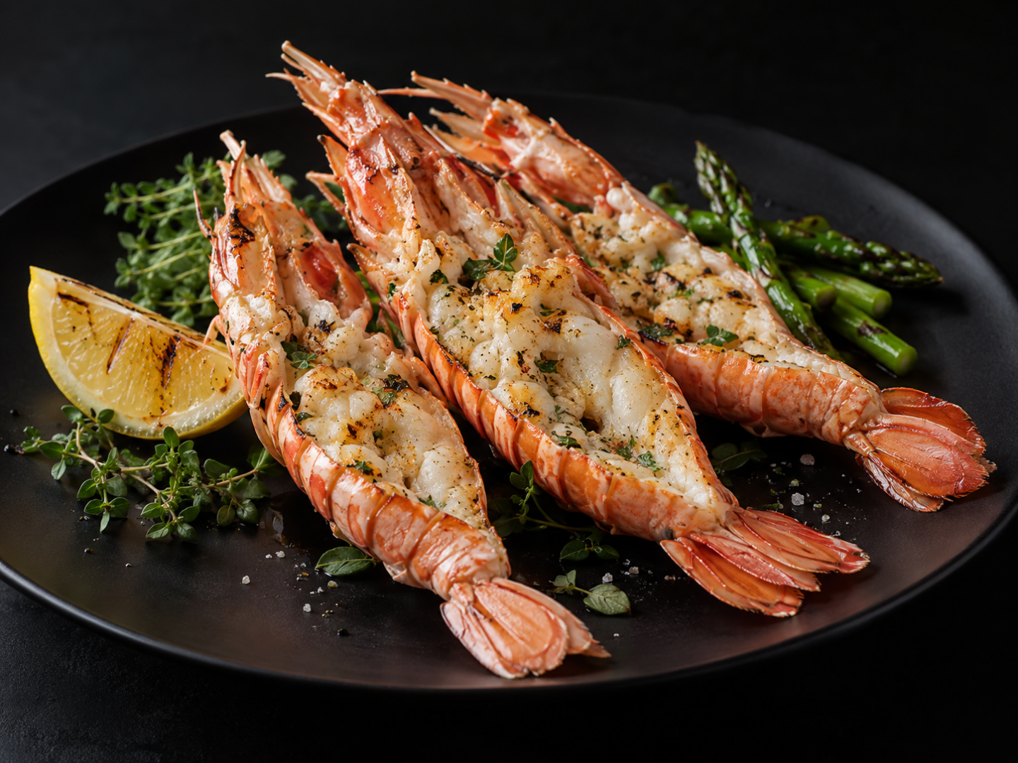 Langoustines papillon servies avec citron dans une assiette noire